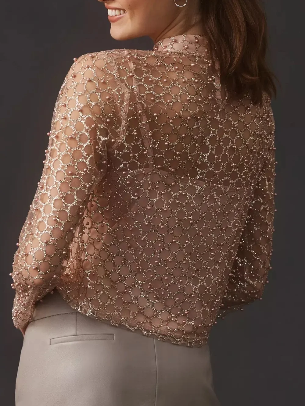 NWT Anthropologie Blue Tassel Pink/Rose Sheer Pearl Blouse (*Without Cami)